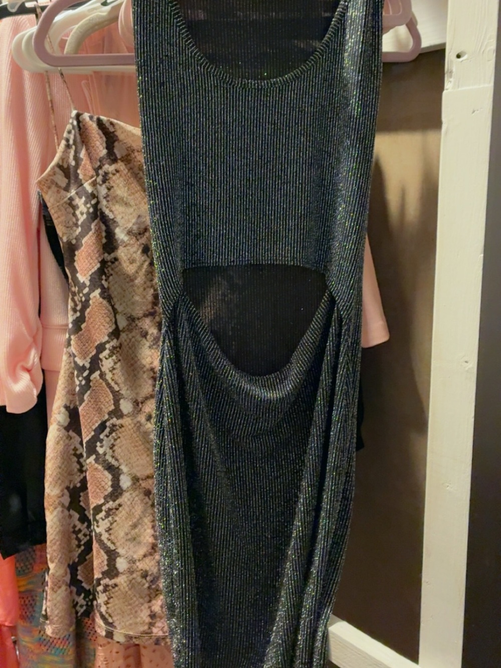 See You Monday Shimmery Gunmetal Scoop-Back Maxi Dress